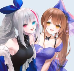  2girls black_dress blue_dress blue_eyes bow bowtie breasts brown_eyes brown_hair cleavage cross cross_earrings dress earrings girls&#039;_frontline hair_ornament hair_ribbon hairbow heterochromia jewelry k2_(before_dawn)_(girls&#039;_frontline) k2_(girls&#039;_frontline) korean_commentary long_hair looking_at_viewer mdr_(cocktail_observer)_(girls&#039;_frontline) mdr_(girls&#039;_frontline) medium_breasts multicolored_hair multiple_girls official_alternate_costume open_mouth ponytail purple_eyes ribbon tongue tongue_out urano_ura white_background white_hair 