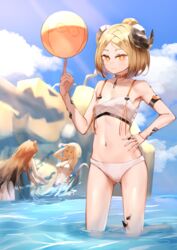  3girls absurdres arknights arm_strap ball bandages bare_arms bare_shoulders beachball big_ugly_(arknights) bikini blonde_hair blue_sky brown_hair ceobe_(arknights) ceobe_(summer_flowers)_(arknights) chest_sarashi cloud commentary_request day hand_on_own_hip highres horns ifrit_(arknights) ifrit_(sunburn)_(arknights) index_finger_raised kirigirisu1221 long_hair looking_at_viewer material_growth multiple_girls navel oripathy_lesion_(arknights) outdoors partial_commentary sarashi short_hair sky standing stomach swimsuit tail thighs utage_(arknights) utage_(summer_flowers)_(arknights) very_long_hair wading water white_bikini yellow_eyes 