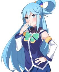  aqua_(konosuba) bare_shoulders blue_eyes blue_hair blue_shirt blue_skirt blush bow bowtie breasts closed_mouth commentary cowboy_shot detached_sleeves female green_bow green_bowtie hair_between_eyes hair_bobbles hair_ornament hair_rings hand_on_own_face hand_on_own_hip hand_to_own_mouth hand_up harukagi kono_subarashii_sekai_ni_shukufuku_wo! long_hair long_sleeves looking_at_viewer medium_breasts shirt simple_background skirt sleeveless smile smug solo very_long_hair white_background 