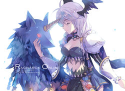  antenna_hair armor bayeri_(ragnarok_online) black_wings blue_skirt breasts character_name cleavage closed_eyes closed_mouth commentary copyright_name cowboy_shot dated english_commentary female genetic_(ragnarok_online) hair_between_eyes head_wings highres long_hair medium_breasts midriff pauldrons ragnarok_online sheiyue shoulder_armor skirt smile teeth unicorn white_background white_hair wings 