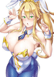  ahoge animal_ears artoria_pendragon_(fate) artoria_pendragon_(swimsuit_ruler)_(fate) bare_shoulders blonde_hair blue_necktie blue_pantyhose blush braid breasts cleavage clothing_cutout collarbone detached_collar fate/grand_order fate_(series) female fishnet_pantyhose fishnets french_braid green_eyes hair_between_eyes hands_up large_breasts leotard long_hair looking_at_viewer navel navel_cutout necktie open_mouth pantyhose playboy_bunny ponytail rabbit_ears rabbit_tail sidelocks simple_background soba_(saz) solo tail tiara white_leotard wrist_cuffs 