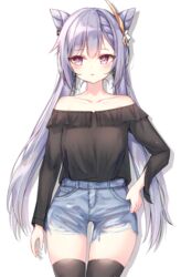  alternate_costume bad_id bad_pixiv_id beliatan blouse blush casual cone_hair_bun cowboy_shot denim denim_shorts earrings female genshin_impact hair_bun hair_ornament half-closed_eyes highres jewelry keqing_(genshin_impact) long_hair long_sleeves open_mouth purple_eyes purple_hair shirt shorts solo thighhighs torn_clothes torn_shorts twintails very_long_hair 