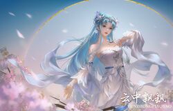  absurdres bare_shoulders beads blue_eyes blue_hair bracelet butterfly_hair_ornament circle detached_sleeves douluo_dalu dress earrings falling_petals female hair_beads hair_ornament highres jewelry long_hair necklace niannian_nuli_zhong parted_lips petals solo tang_wutong_(douluo_dalu) teeth upper_body white_dress 