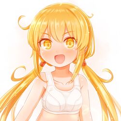  blonde_hair blush bra breasts collarbone female highres kantai_collection long_hair low_twintails open_mouth satsuki_(kancolle) sidelocks small_breasts solo suzushiro_(gripen39) training_bra twintails underwear underwear_only upper_body white_bra yellow_eyes 