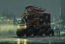  2others absurdres ambiguous_gender building commentary concept_art dyatomi english_commentary highres lights monster_truck motor_vehicle multiple_others night night_sky outdoors rain reflection sky standing truck twisted_metal umbrella vehicle_focus watermark 