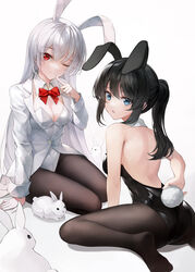  2girls absurdres animal_ears ass back backless_leotard bare_arms bare_shoulders black_hair black_leotard blue_eyes bow bowtie breasts brown_pantyhose buttons cleavage closed_mouth coat commentary crystalherb detached_collar fake_animal_ears fake_tail feet from_behind hand_on_floor highres holding_own_tail leotard long_hair long_sleeves looking_at_viewer md5_mismatch medium_breasts multiple_girls no_shoes one_eye_closed open_mouth original pantyhose parted_lips playboy_bunny ponytail rabbit rabbit_ears rabbit_tail red_bow red_bowtie red_eyes shirt siblings sidelocks simple_background sitting smile straight_hair symbol-only_commentary tail tailcoat tailcoat_playboy_bunny twins wariza white_background white_coat white_hair white_leotard white_shirt 