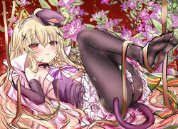  ahoge black_pantyhose black_sleeves blonde_hair blush bow brown_eyes brown_hat commentary_request detached_sleeves dress feet female flower flower_knight_girl hair_between_eyes hair_ornament hat highres kuko_(flower_knight_girl) legs_up long_sleeves looking_at_viewer lying name_connection no_shoes object_namesake on_back pantyhose parted_lips peaked_cap purple_dress purple_flower shiodome_oji sleeves_past_wrists smile soles solo striped striped_bow thighs tilted_headwear x_hair_ornament 