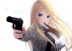  blonde_hair commentary eydhtn73bguru8r female finger_on_trigger grin gun handgun highres holding holding_gun holding_weapon light long_hair makarov_pm nishina_toriko removing_glove smile solo transparent_hand upper_body urasekai_picnic weapon 