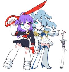  2girls bakuzan black_skirt blue_eyes blue_hair boots chibi cosplay crop_top elira_pendora gloves hand_on_hilt head_wings heterochromia high_heel_boots high_heels highres holding holding_hands holding_sword holding_weapon jacket junketsu katana kill_la_kill kiryuuin_satsuki kiryuuin_satsuki_(cosplay) looking_to_the_side matoi_ryuuko matoi_ryuuko_(cosplay) multiple_girls nijisanji nijisanji_en purple_eyes purple_hair red_gloves s_h_i_e scissor_blade_(kill_la_kill) selen_tatsuki senketsu skirt smile sword thigh_boots thighhighs virtual_youtuber weapon white_background white_footwear white_jacket wings 