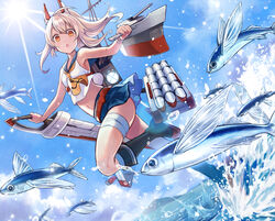  :o animal ayanami_(azur_lane) azur_lane bare_arms bare_shoulders black_footwear blue_sailor_collar blue_skirt blue_sky boots brown_eyes cannon cloud commentary_request crop_top day female fish flying_fish hair_between_eyes headgear highres holding holding_sword holding_weapon knee_boots light_brown_hair long_hair looking_at_viewer machinery midriff navel open_mouth outdoors pleated_skirt ponytail sailor_collar school_uniform serafuku shirt sidelocks skirt sky sleeveless sleeveless_shirt solo standing standing_on_one_leg sword turret water weapon white_shirt yuko_(uc_yuk) 