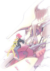  2girls absurdres annin_amande black_legwear cape closed_eyes commentary_request crossover elpeo_puru garter_straps gundam gundam_zz haman_karn highres hug long_sleeves mecha midriff multiple_girls neckerchief no_shoes orange_hair pantyhose photoshop_(medium) pink_hair qubeley revision robot short_hair short_sleeves sidelocks sitting skirt thighhighs yellow_legwear zeta_gundam 