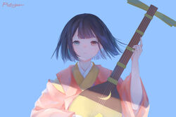  aosugar artist_name biwa_(heike_monogatari) black_hair blue_background blue_eyes brown_eyes female heike_monogatari heterochromia highres instrument japanese_clothes looking_at_viewer lute_(instrument) music playing_instrument short_hair simple_background solo upper_body 