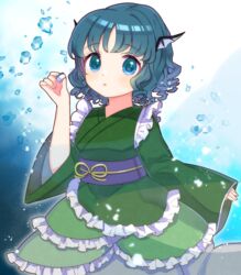  blue_eyes blue_hair breasts caracorn fins frilled_kimono frills green_kimono head_fins highres holding holding_mahjong_tile japanese_clothes kimono kneeless_mermaid long_sleeves mahjong mahjong_tile mermaid monster_girl obi purple_sash sash short_hair small_breasts touhou touhou_unreal_mahjong underwater wakasagihime wavy_hair wide_sleeves 