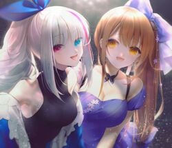  2girls black_dress blue_dress blue_eyes bow bowtie breasts brown_eyes brown_hair cleavage cross cross_earrings dress earrings girls&#039;_frontline hair_ornament hair_ribbon hairbow heterochromia jewelry k2_(before_dawn)_(girls&#039;_frontline) k2_(girls&#039;_frontline) korean_commentary long_hair looking_at_viewer mdr_(cocktail_observer)_(girls&#039;_frontline) mdr_(girls&#039;_frontline) medium_breasts multicolored_hair multiple_girls official_alternate_costume open_mouth ponytail purple_eyes ribbon snowflakes tongue tongue_out urano_ura white_hair 