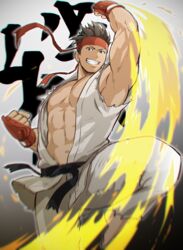  1boy abs arm_up bara barefoot black_hair brown_eyes cosplay fingerless_gloves fire gloves grin headband jigoku_meguri male_focus muscular muscular_male navel pants pectoral_cleavage pectorals ryu_(street_fighter) ryu_(street_fighter)_(cosplay) sengoku_basara short_hair shouryuuken sidepec smile solo spiked_hair street_fighter teeth thick_thighs thighs tokugawa_ieyasu_(sengoku_basara) uppercut white_pants 