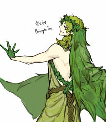  1boy backless_dress backless_outfit belt dress gloves green_dress green_gloves green_hair green_veil grin hair_ornament head_wreath leaf_hair_ornament lobotomy_corporation long_hair looking_at_viewer male_focus nishikujic parasite_tree_(project_moon) personification pointy_ears project_moon simple_background smile solo very_long_hair white_background 