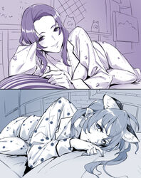  2girls blue_cat_(precure) blush breasts cat_tail cleavage commentary extra_ears indoors kaguya_madoka long_hair long_sleeves looking_at_viewer lying medium_breasts monochrome multiple_girls on_side pajamas pointy_ears polka_dot polka_dot_pajamas precure smile star_twinkle_precure sugarbeat symbol-only_commentary tail yuni_(precure) 