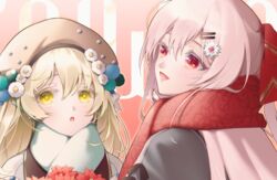  2girls aqua_scarf blonde_hair brown_headwear flower girls&#039;_frontline hair_flower hair_ornament hair_ribbon hat iws_2000_(girls&#039;_frontline) jacket long_hair looking_at_another looking_at_viewer multiple_girls open_mouth pink_hair red_eyes red_ribbon red_scarf ribbon scarf simple_background urano_ura x95_(girls&#039;_frontline) yellow_eyes 