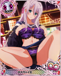  antenna_hair aqua_eyes blush bra breasts card_(medium) character_name chess_piece clothes_lift female grey_hair hair_ribbon high_school_dxd high_school_dxd_hero high_school_dxd_infinity jacket large_breasts lingerie long_hair looking_at_viewer miniskirt navel official_art panties parted_lips purple_bra purple_panties ribbon rook_(chess) rossweisse shirt shirt_lift sitting skirt skirt_lift solo source_request trading_card underwear very_long_hair 