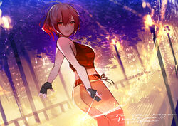  absurdres ass bare_arms bare_shoulders black_gloves breasts commentary_request commission crop_top female fingerless_gloves from_side gloves hair_between_eyes highres lamppost looking_at_viewer looking_to_the_side medium_breasts midriff pants red_eyes red_hair red_pants red_shirt shirt skeb_commission sleeveless sleeveless_shirt solo tarbo_(exxxpiation) tree 