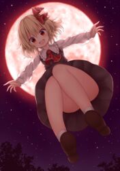  :d absurdres ascot bare_legs black_dress blonde_hair blush commentary_request convenient_leg dress female from_below full_body full_moon hair_between_eyes hair_ribbon happy highres knees_together_feet_apart legs looking_at_viewer medium_hair midair moon night night_sky oerba_yun_fang open_mouth outdoors outstretched_arms red_ascot red_eyes red_moon red_ribbon ribbon rumia shirt sky smile solo star_(sky) starry_sky suigetsu_(watermoon-910) thighs touhou upskirt white_shirt 