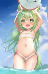  animal_ear_fluff animal_ears armpits arms_up ass_visible_through_thighs azur_lane ball beachball bikini cloud covered_nipples fangs female flat_chest fox_ears fox_girl fox_tail green_eyes green_hair highres holding isokaze_(azur_lane) long_hair many_ankles navel open_mouth outdoors sky smile solo swimsuit tail thigh_gap thighs wading water white_bikini 