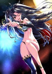  armlet bikini black_hair breasts earrings elbow_gloves fate/grand_order fate_(series) female gloves highres hoop_earrings ishtar_(fate) jewelry kaijin-m long_hair long_legs looking_at_viewer mismatched_bikini one_eye_closed open_mouth red_eyes single_elbow_glove single_thighhigh solo swimsuit thighhighs tiara two_side_up 