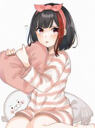  :p absurdres bang_dream! black_hair blush bow_hairband female hairband highres hugging_object ibispaint_(medium) mitake_ran multicolored_hair nail_polish pajamas pillow pillow_hug red_eyes red_hair red_nails short_hair simple_background sitting solo streaked_hair stuffed_seal tongue tongue_out tonomura 