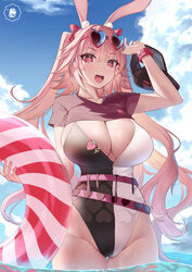  :d animal_ears belt black_hat blue_sky blush bow breasts casual_one-piece_swimsuit cleavage day eyewear_on_head female glint groin hairbow hat heart heart-shaped_pupils highleg highleg_swimsuit highres innertube large_breasts lele_(yaman) long_hair looking_at_viewer one-piece_swimsuit open_mouth original outdoors pink_hair rabbit_ears red-framed_eyewear red_bow red_eyes short_sleeves sky smile solo sunglasses sweat swim_ring swimsuit symbol-shaped_pupils teeth thigh_gap two-tone_swimsuit two_side_up unworn_hat unworn_headwear upper_teeth_only very_long_hair wading water yaman 