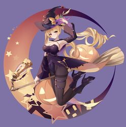  azur_lane bat_(animal) bat_hair_ornament belt black_legwear black_ribbon blonde_hair blush breasts cleavage dress female gem hair_ornament hair_ribbon halloween halloween_costume hat highres jack-o&#039;-lantern large_breasts leotard long_hair looking_at_viewer nelson_(azur_lane) nelson_(luna_witch)_(azur_lane) official_alternate_costume pantyhose red_eyes red_gemstone ribbon skindentation twintails very_long_hair witch_hat yuuraku_yuraku 