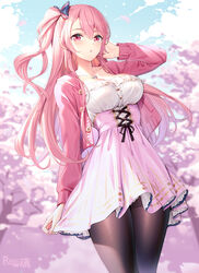  :o adjusting_hair artist_name black_pantyhose blurry blurry_background blush bow breasts cherry_blossoms cleavage clothes_grab cloud cloudy_sky collarbone commentary_request cowboy_shot day dress emily_stock female hair_between_eyes hairbow highres jacket jewelry long_hair long_sleeves looking_at_viewer medium_breasts necklace one_side_up open_clothes open_jacket open_mouth original outdoors pantyhose pink_eyes pink_hair pink_jacket ririko_(zhuoyandesailaer) sky solo white_dress 