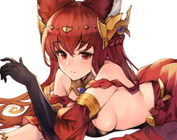  animal_ears anthuria bad_id bad_pixiv_id bare_shoulders black_gloves blush breasts butt_crack commentary_request detached_sleeves dress elbow_gloves erune female gloves granblue_fantasy hair_between_eyes hair_ornament koretsuki_azuma large_breasts long_hair looking_at_viewer lying on_stomach red_dress red_eyes red_hair sideboob simple_background single_elbow_glove solo white_background 