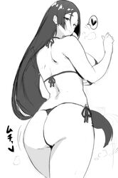  ass ass_focus back bad_id bad_pixiv_id bikini bouncing_ass cowboy_shot fate/grand_order fate_(series) female greyscale heart highres long_hair looking_at_viewer mature_female mhs minamoto_no_raikou_(fate) monochrome side-tie_bikini_bottom smile solo spoken_heart swimsuit thong thong_bikini translation_request very_long_hair 