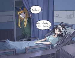  2girls absurdres ahoge bandaged_head bandages barefoot bed black_hair blind blind_girl_(popopoka) blonde_girl_(popopoka) blonde_hair blue_eyes blue_hairband blunt_bangs collarbone commentary english_commentary english_text freckles from_side green_sweater grey_eyes hairband highres hospital hospital_bed long_hair lying multiple_girls on_back open_mouth original popopoka shirt short_hair short_sleeves speech_bubble sweater 