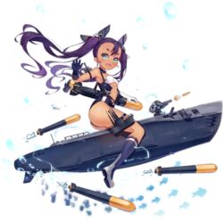  ass azur_lane blue_eyes bluegill_(azur_lane) blush boots dango_remi dark-skinned_female dark_skin female gloves highres long_hair looking_at_viewer official_art open_mouth purple_hair short_eyebrows smile solo swimsuit thighhighs thighs torpedo transparent_background twintails 