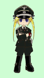  aiguillette belt belt_buckle black_bow blonde_hair blue_eyes boots bow buckle crossed_arms epaulettes female german_text green_background hat highres kill_me_baby long_hair looking_at_viewer military military_uniform nazi necktie peaked_cap runes sonya_(kill_me_baby) ss_insignia ss_uniform swastika twintails uniform yasu_(luchs&amp;mardar) 