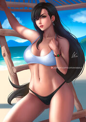  beach bikini black_bikini_bottom black_hair blue_eyes bracelet breasts cloud cloudy_sky commentary earrings english_commentary female final_fantasy final_fantasy_vii final_fantasy_vii_remake geravass highres jewelry ladder large_breasts lips long_hair looking_at_viewer navel patreon_logo patreon_username red_eyes sand shore sky solo summer swimsuit tifa_lockhart white_bikini 