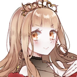  bare_shoulders blonde_hair close-up closed_mouth crown dress earrings female hair_between_eyes highres jewelry long_hair looking_at_viewer portrait red_dress red_riding_hood_(sinoalice) rico_tta simple_background sinoalice smile solo v-shaped_eyebrows white_background yellow_eyes 