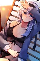  ahoge beach_chair bikini black_bikini black_headband breasts cleavage collarbone commentary_request female grey_eyes grey_hair grey_jacket hair_between_eyes headband highres jacket kantai_collection katsuobushi_(eba_games) large_breasts long_hair long_sleeves lying official_alternate_costume on_back open_clothes open_jacket solo suzutsuki_(kancolle) suzutsuki_(swimsuit_mode)_(kancolle) swimsuit 