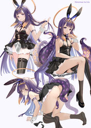  animal_ears black_footwear black_skirt black_thighhighs breasts detached_sleeves fake_animal_ears feet female halo heart heart-shaped_pupils high_heels highres hololive hololive_english legs leotard long_hair looking_at_viewer multiple_views ninomae_ina&#039;nis no_shoes playboy_bunny purple_eyes purple_hair rabbit_ears rero_(bigdoorbig2) single_thighhigh skirt small_breasts symbol-shaped_pupils tentacle tentacle_hair thighhighs toes virtual_youtuber 