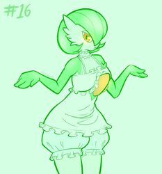  2021 breasts clothed clothing digital_drawing_(artwork) digital_media_(artwork) dressuptober female fully_clothed gardevoir generation_3_pokemon gesture green_body hi_res junkedart maid_uniform monochrome nintendo pokemon pokemon_(species) portrait red_eyes shrug small_breasts solo three-quarter_portrait uniform 