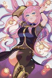  armpits arms_up asymmetrical_sleeves black_skirt black_thighhighs blue_eyes boots breasts brown_footwear brown_sleeves commentary covered_navel detached_sleeves female from_above highres knee_boots large_breasts long_hair looking_at_viewer lying megurine_luka on_back parted_lips pink_hair single_sleeve skirt small_stellated_dodecahedron solo thighhighs very_long_hair vocaloid yooki_(winter_cakes) 