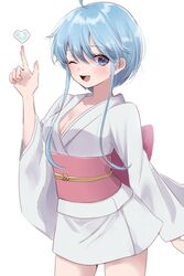  ;d ahoge bare_legs blue_eyes blue_hair breasts cleavage commentary_request female heart highres index_finger_raised japanese_clothes jigoku_sensei_nube kimono looking_at_viewer obi obijime one_eye_closed open_mouth sash short_hair short_hair_with_long_locks short_kimono sidelocks small_breasts smile solo tomoshibi_(rokugatsu) white_kimono wide_sleeves yuki_onna yukime_(jigoku_sensei_nube) 