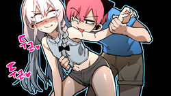  2boys blush braid hair_between_eyes hair_ribbon highres holding_another&#039;s_wrist korean_commentary licking_arm long_hair male_focus midriff multiple_boys navel original otoko_no_ko park_jinim_(parkgee) parkgee pink_hair ribbon self-portrait short_shorts shorts single_braid sweat tongkkangi tongkkangi_(streamer) white_hair yaoi 