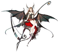  :o absurdres bare_shoulders black_bow black_footwear bow breasts brown_hair brown_horns chinese_commentary cleavage commentary_request copyright_request female full_body highres holding holding_scythe horns long_hair looking_at_viewer navel red_eyes scales scythe senryoko simple_background small_breasts solo very_long_hair white_background wings 