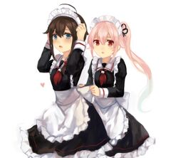  2girls ahoge alternate_costume apron black_dress blue_eyes blush braid brown_hair dress enmaided hair_between_eyes hair_over_shoulder hair_ribbon harusame_(kancolle) heart kantai_collection long_hair long_sleeves maid maid_headdress multiple_girls neckerchief open_mouth pink_hair red_eyes red_neckerchief ribbon sailor_collar sha_(isago) shigure_(kancolle) side_ponytail simple_background single_braid white_apron white_background 