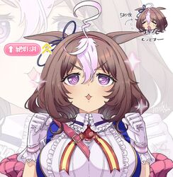  @_@ ahoge animal_ears breasts commentary_request female gloves hair_between_eyes hair_ornament headband highres horse_ears horse_girl large_breasts looking_at_viewer meisho_doto_(umamusume) portrait purple_eyes ryusei_(ryusei_b) solo umamusume white_background white_gloves 