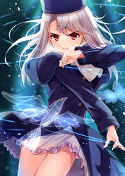  blue_hat blue_jacket blush breasts buttons clenched_teeth commentary_request double-breasted fate/stay_night fate_(series) female fur_hat hair_between_eyes hat highres illyasviel_von_einzbern jacket long_hair long_sleeves looking_at_viewer md5_mismatch papakha red_eyes resolution_mismatch revision sidelocks small_breasts solo source_larger teeth thighs white_hair yan_(nicknikg) 