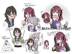  3girls black_hair black_ribbon blazer blue_jacket bow bowtie braid cevio chart commentary crossed_arms double_bun drumsticks glasses green_eyes green_hoodie green_necktie grey_hair grey_sweater hair_bun hair_ornament hair_ribbon hairclip hanakuma_chifuyu hand_on_another&#039;s_head hands_up hokkaidoben holding holding_drumsticks hood hoodie jacket koharu_rikka kuz lakiston long_hair medium_hair multiple_girls multiple_views natsuki_karin necktie octopus open_mouth pink_bow pink_bowtie purple_bow purple_bowtie purple_eyes pyramid_(structure) red_hair ribbon school_uniform semi-rimless_eyewear shirt short_hair short_sleeves smile squeezing stuffed_animal stuffed_toy sweater synthesizer_v tears teddy_bear translated twin_braids twintails upper_body white_background white_shirt 