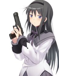  absurdres akemi_homura akemi_homura_(magical_girl) bad_id bad_pixiv_id black_hair blush female gun hateri highres long_hair mahou_shoujo_madoka_magica mahou_shoujo_madoka_magica_(anime) open_mouth purple_eyes ribbon shaft_(company) simple_background weapon 